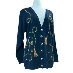 Casual Corner Embroidered Wool Blend Cardigan Sz M Black Rope Tassel Keys Vtg